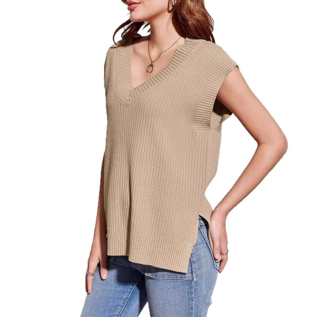 V-neck sleeveless loose pullover vest in camel colour with striped pattern