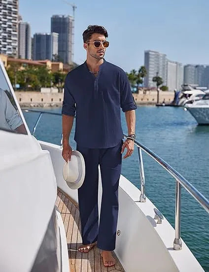 Men's solid colour casual cotton suit with long sleeves and trousers for spring and autumn leisure wear.
