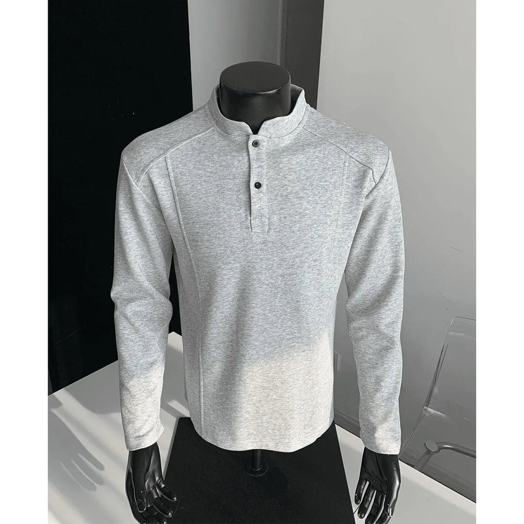 Men's patchwork stand-up collar cotton sweater shirt with asymmetric design in loose fit