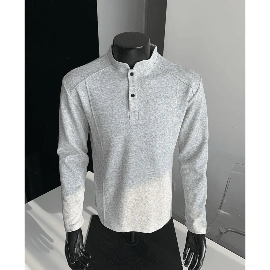 Men's patchwork stand-up collar cotton sweater shirt with asymmetric design in loose fit