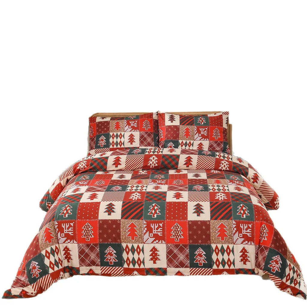 Christmas red plaid pattern bedding three-piece set with European style bed cover design