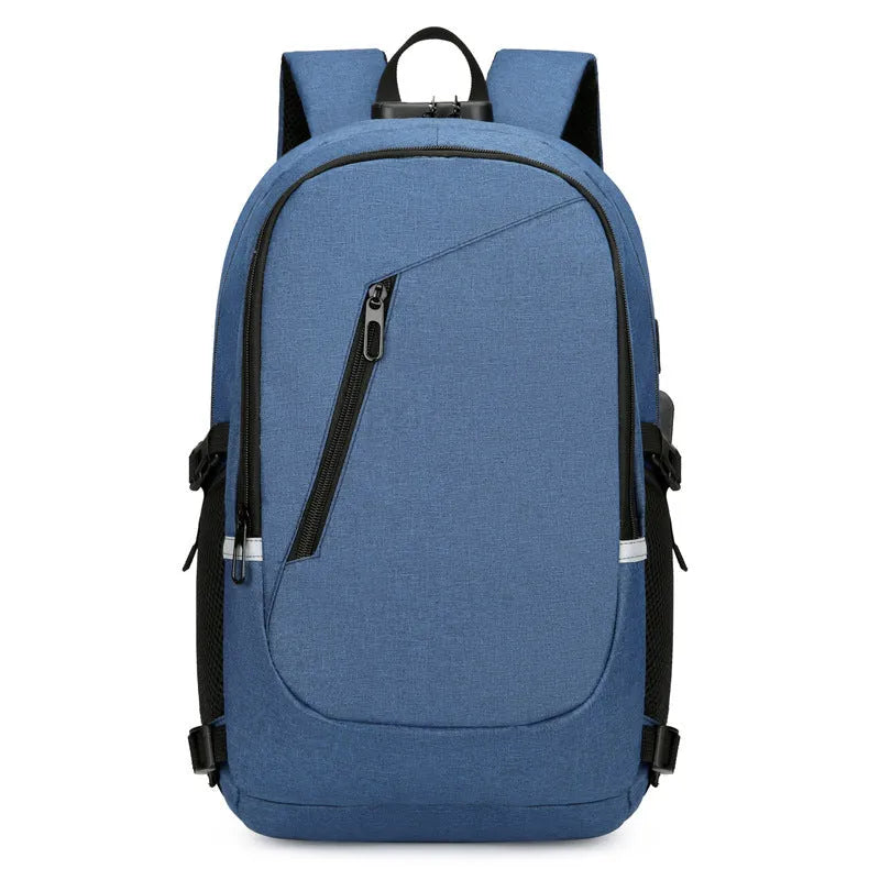 Oxford cloth computer backpack in blue, showing front view with dimensions 50cm high by 19cm wide.