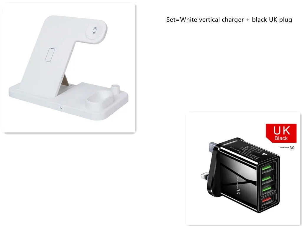 4-in-1 wireless charging station with adjustable magnetic support plate charging multiple devices