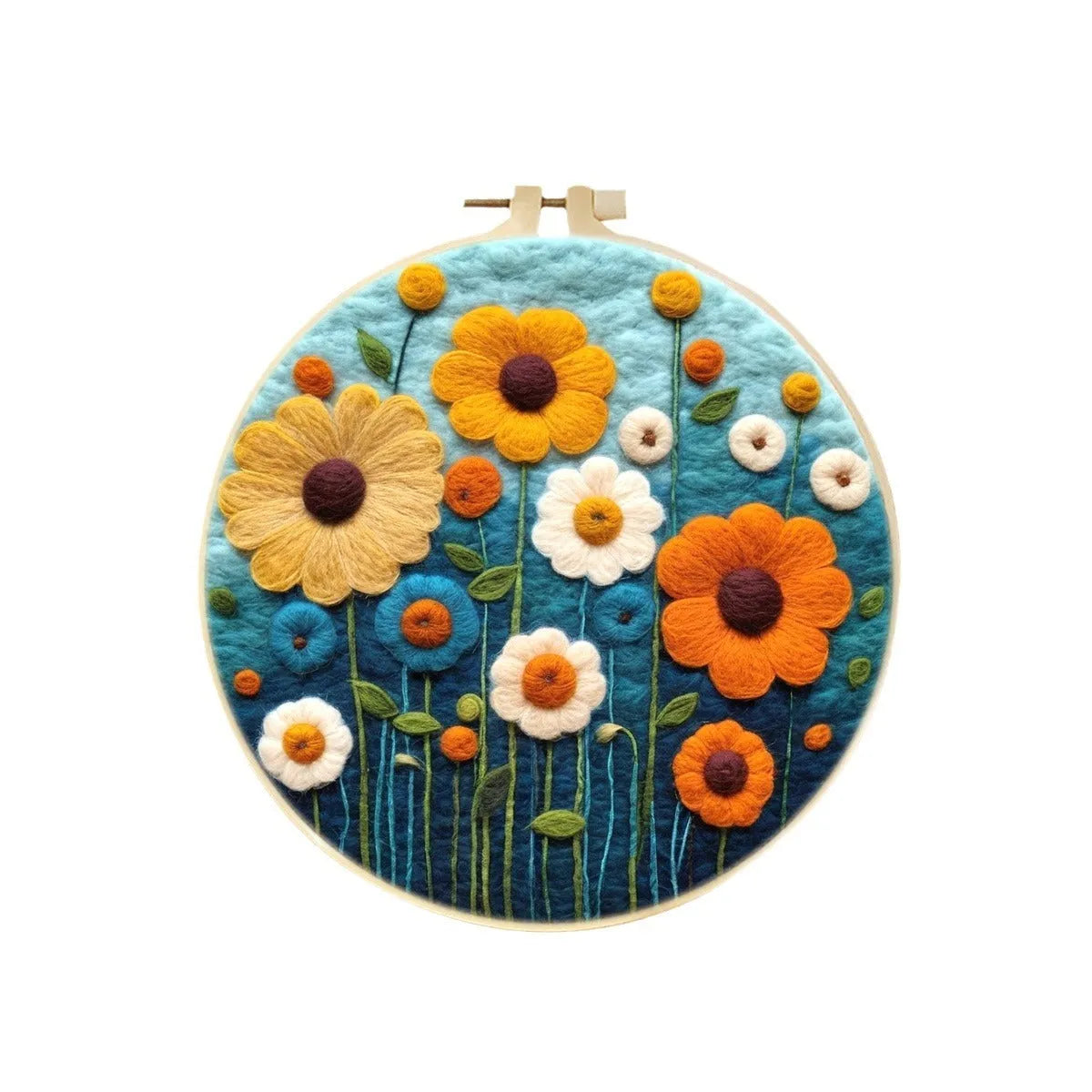 Round 20x20 cm linen embroidery kit with wool felt pieces and embroidery frame for botanical designs