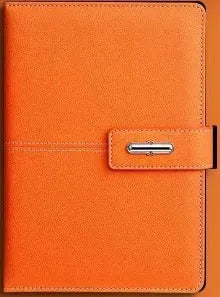 A5 notebook with PU leather cover shown in multiple colour options including black, red, green, blue, and orange.