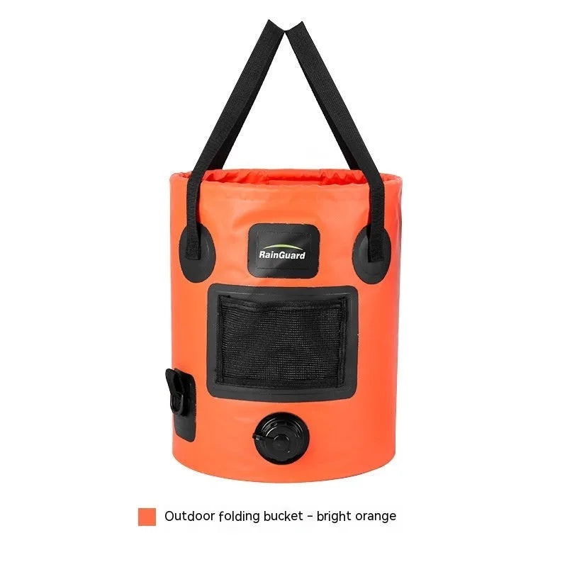 Lemon yellow 25-litre plastic folding fishing bucket showing its collapsible design and optional mesh pocket.