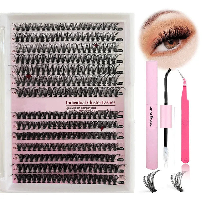 DIY cluster lashes mixed package with 30D and 40D high-grade fibre false eyelashes ranging 9-16mm with tweezers