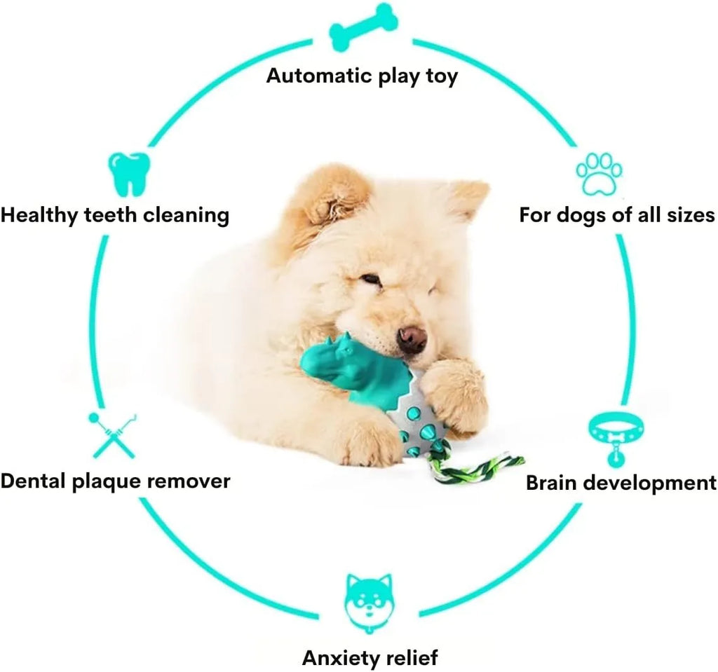 Blue durable dinosaur-shaped dog chew toy with an attached rope for aggressive chewers.