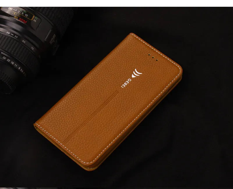 iPhone wallet phone case with PU leather construction showing card storage compartment