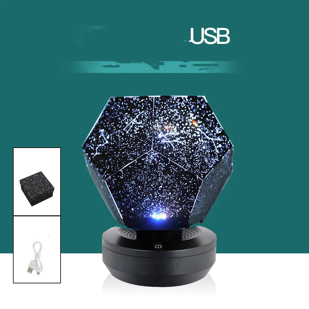 LED starry sky projector night light showing constellation projection on a bedroom ceiling