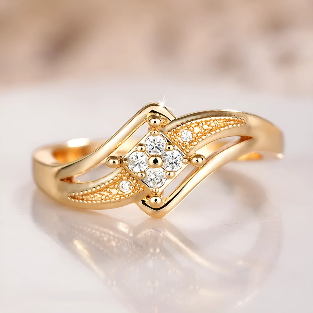 Women's geometric diamond ring with micro inlaid zircon detailing in yellow gold colour