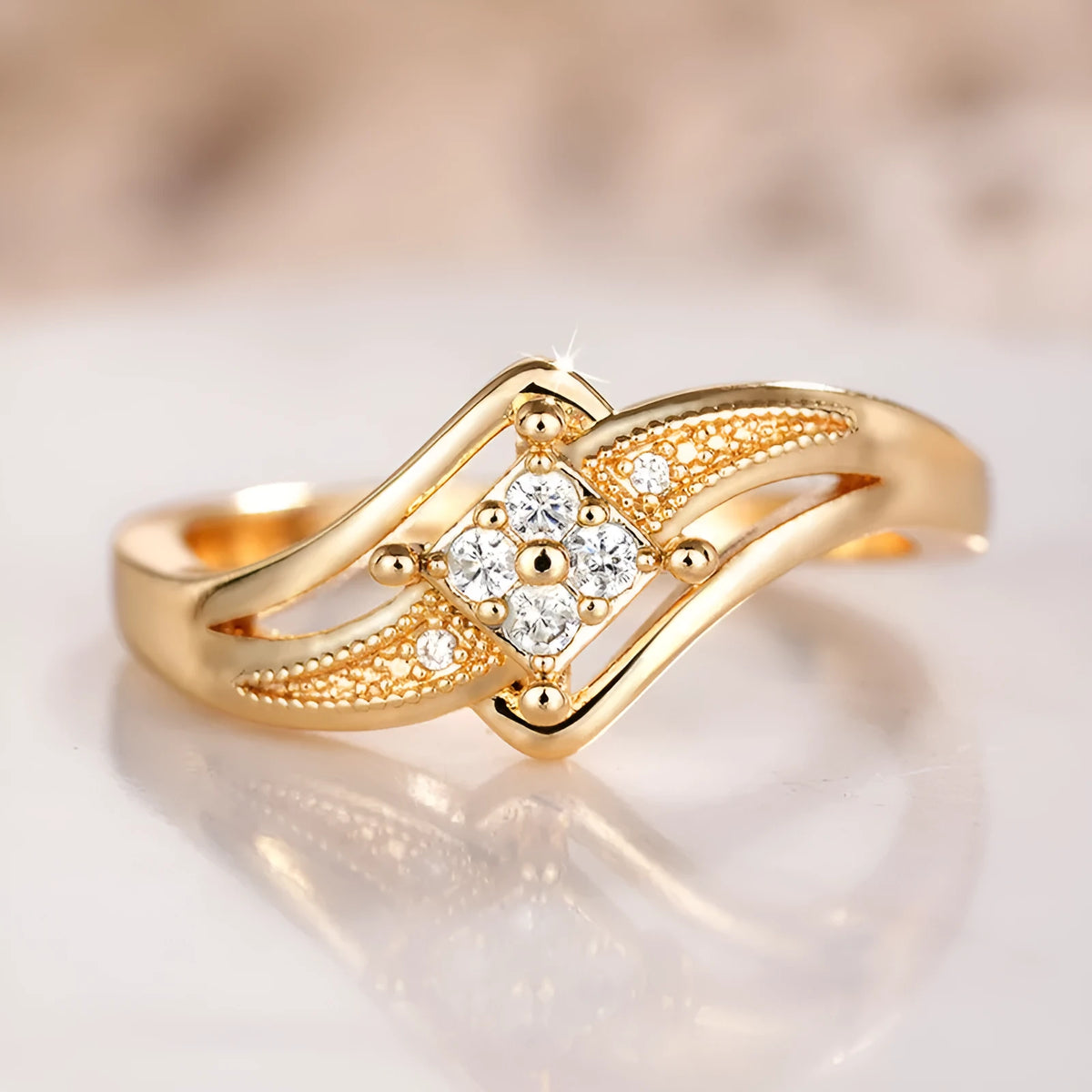 Women's geometric diamond ring with micro inlaid zircon detailing in yellow gold colour
