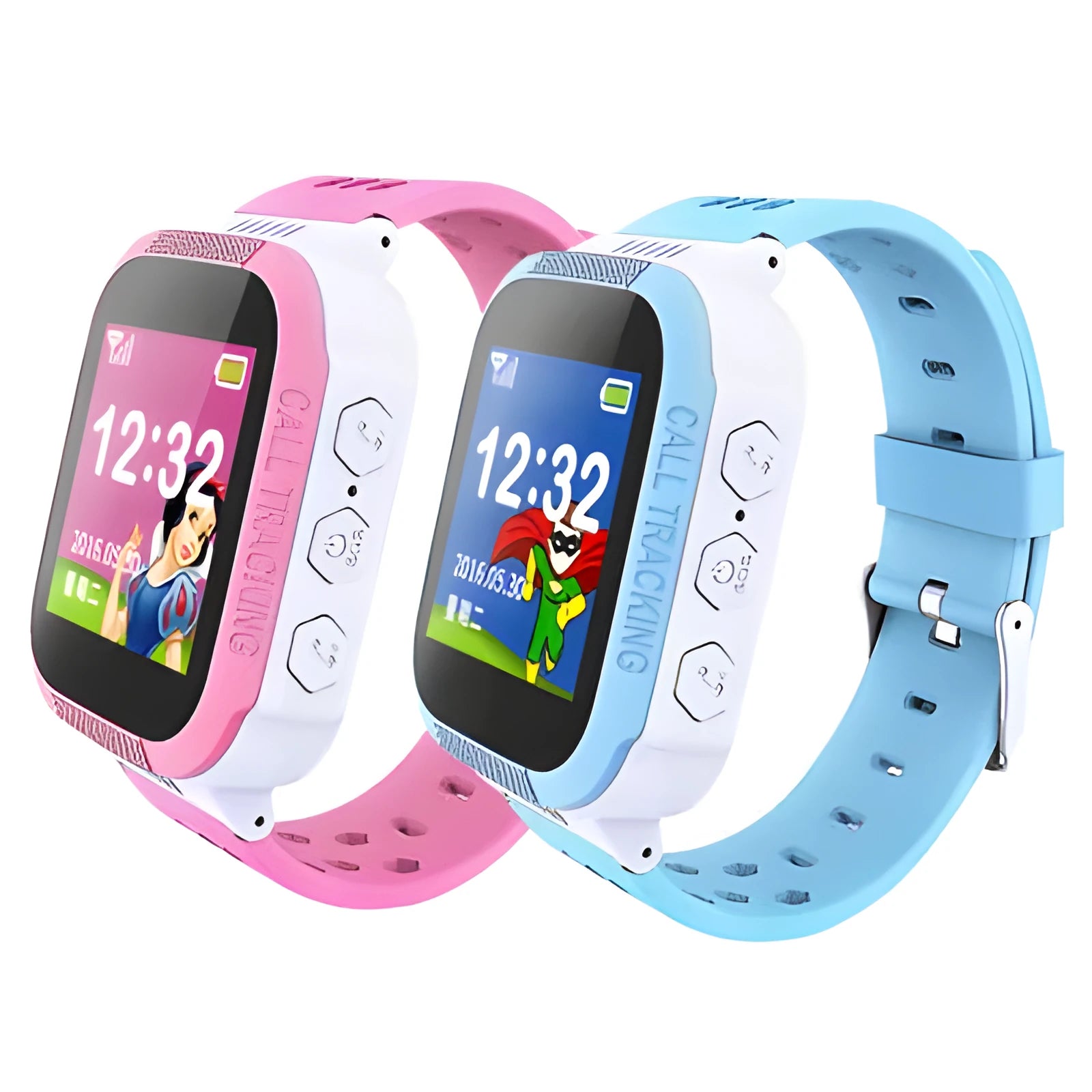 Blue and pink children's phone watch with 1.44 inch IPS touchscreen display showing user interface