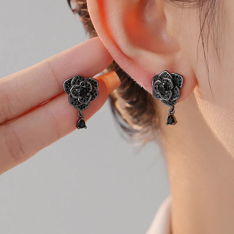 Black rose colour zircon stone floral stud earrings with 18K gold electroplated finish