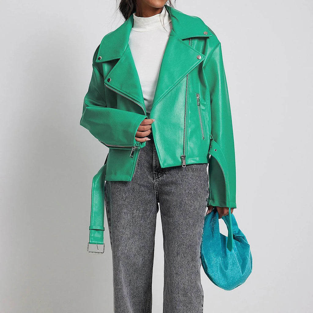 Punk short belt lapel locomotive style jacket in black blue or green faux leather with drawstring