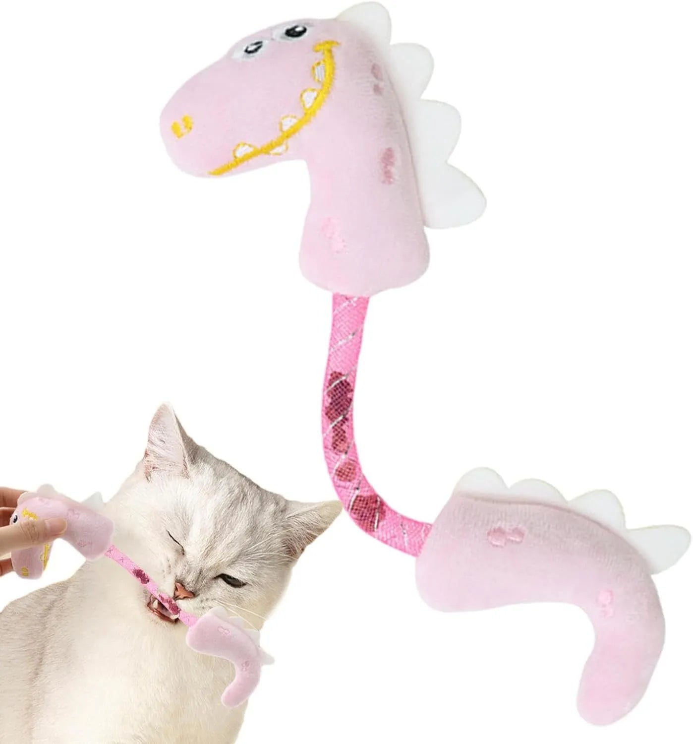 Set of four cat toys including rope, spring, and plush types in various colours