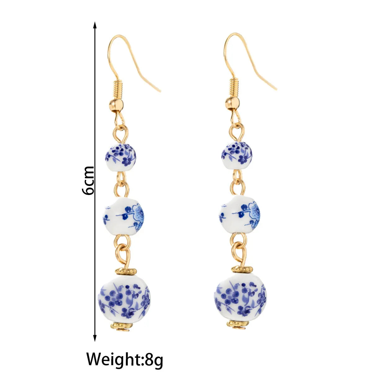 Blue and white porcelain ceramic bead retro earrings with geometric alloy electroplated construction