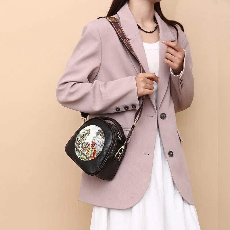 Vintage embroidered PU shoulder bag in beige or black with single strap and pillow shape