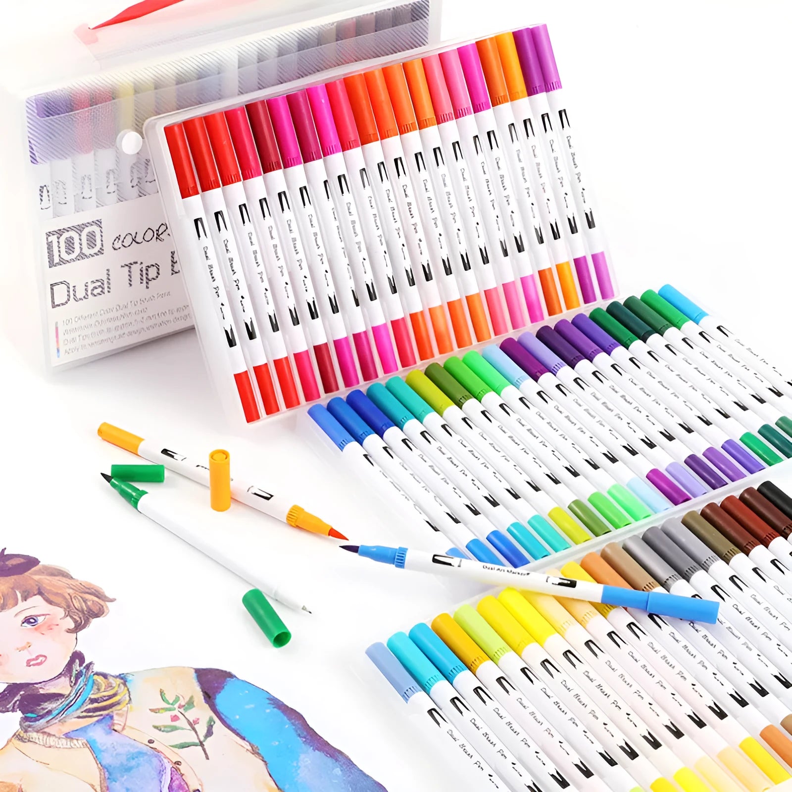 Set of watercolour brush pens in multiple colours for illustration and promotional artwork