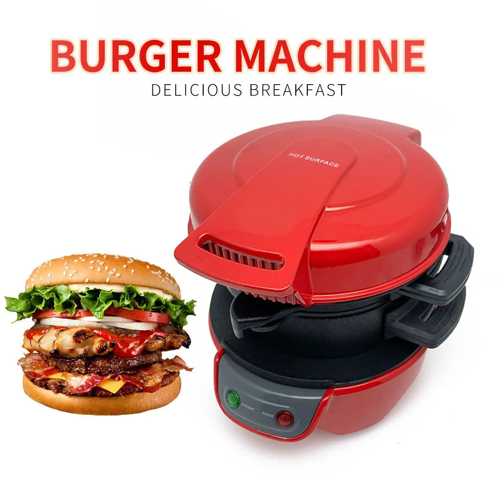 Bright red multifunction breakfast sandwich maker with egg cooker ring and two baking trays