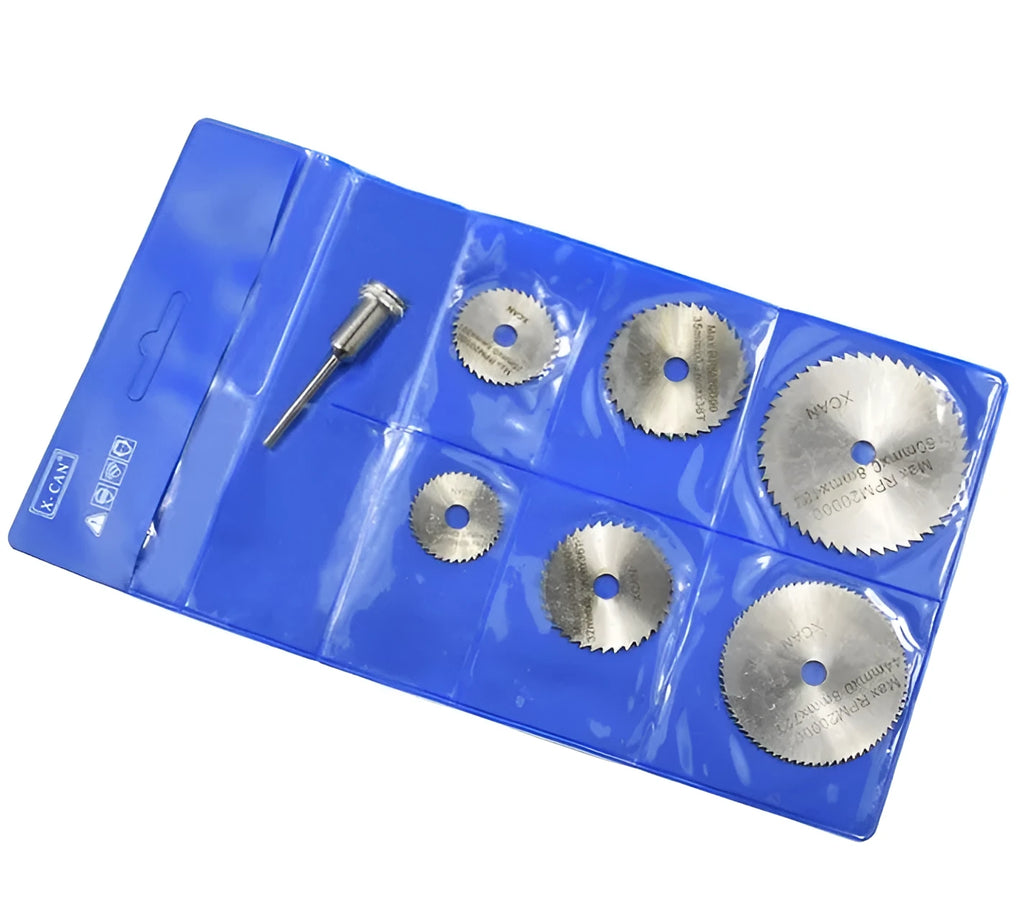 Set of 6 high-speed steel circular saw blades with mandrel for woodworking