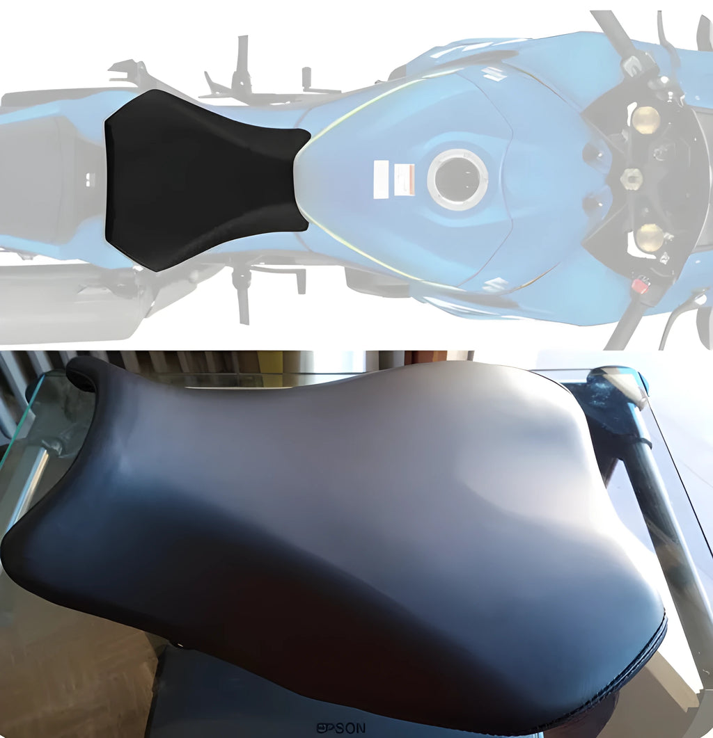 Suzuki GSXR1000 motorcycle with black PU seat covers fitted on front and rear seats.