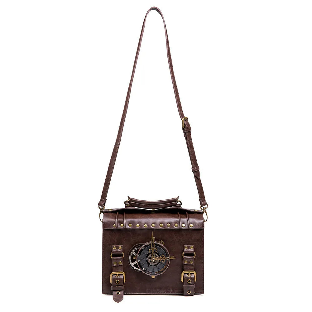 Bronze steampunk industrial retro shoulder bag with metal hardware on horizontal square pillow shape