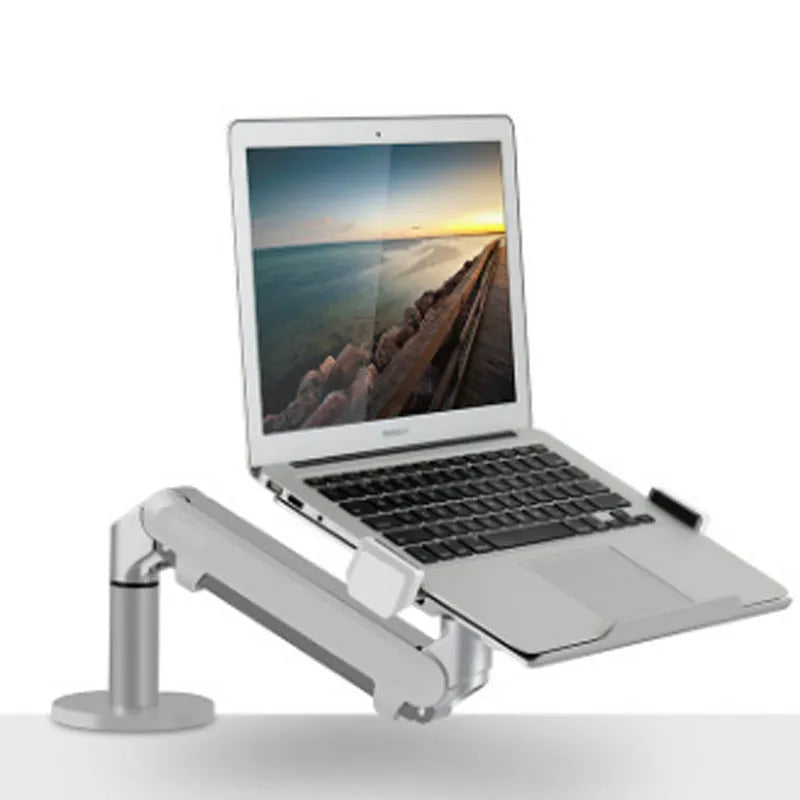 Silver aluminium laptop stand with adjustable air pressure arm bracket elevating a laptop