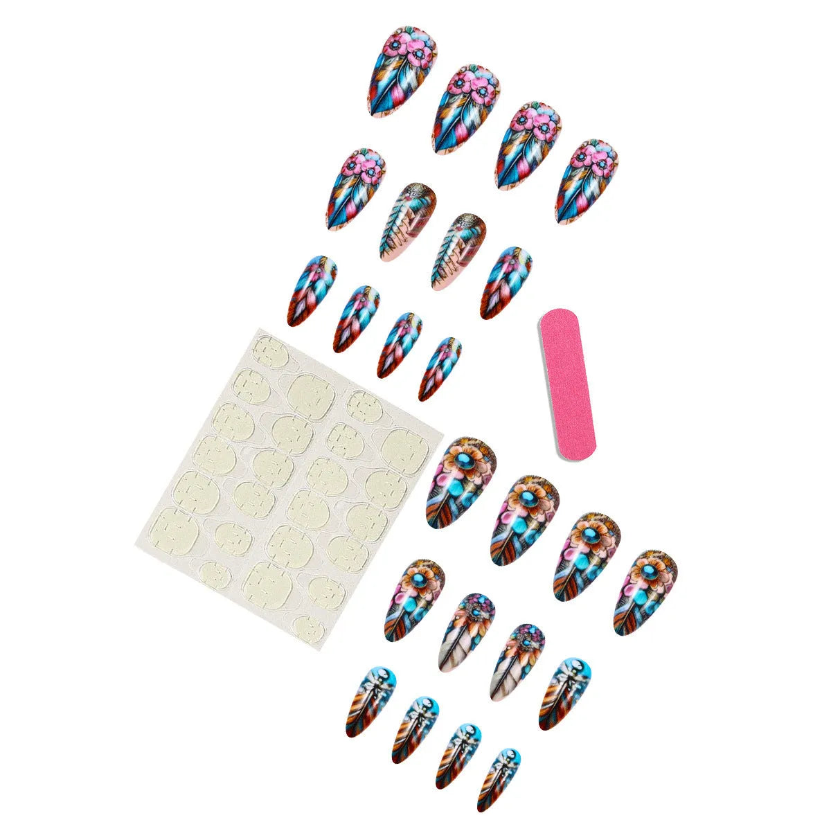 Retro nail art set with coloured plastic feather wear armour in butterfly, flower, and heart patterns
