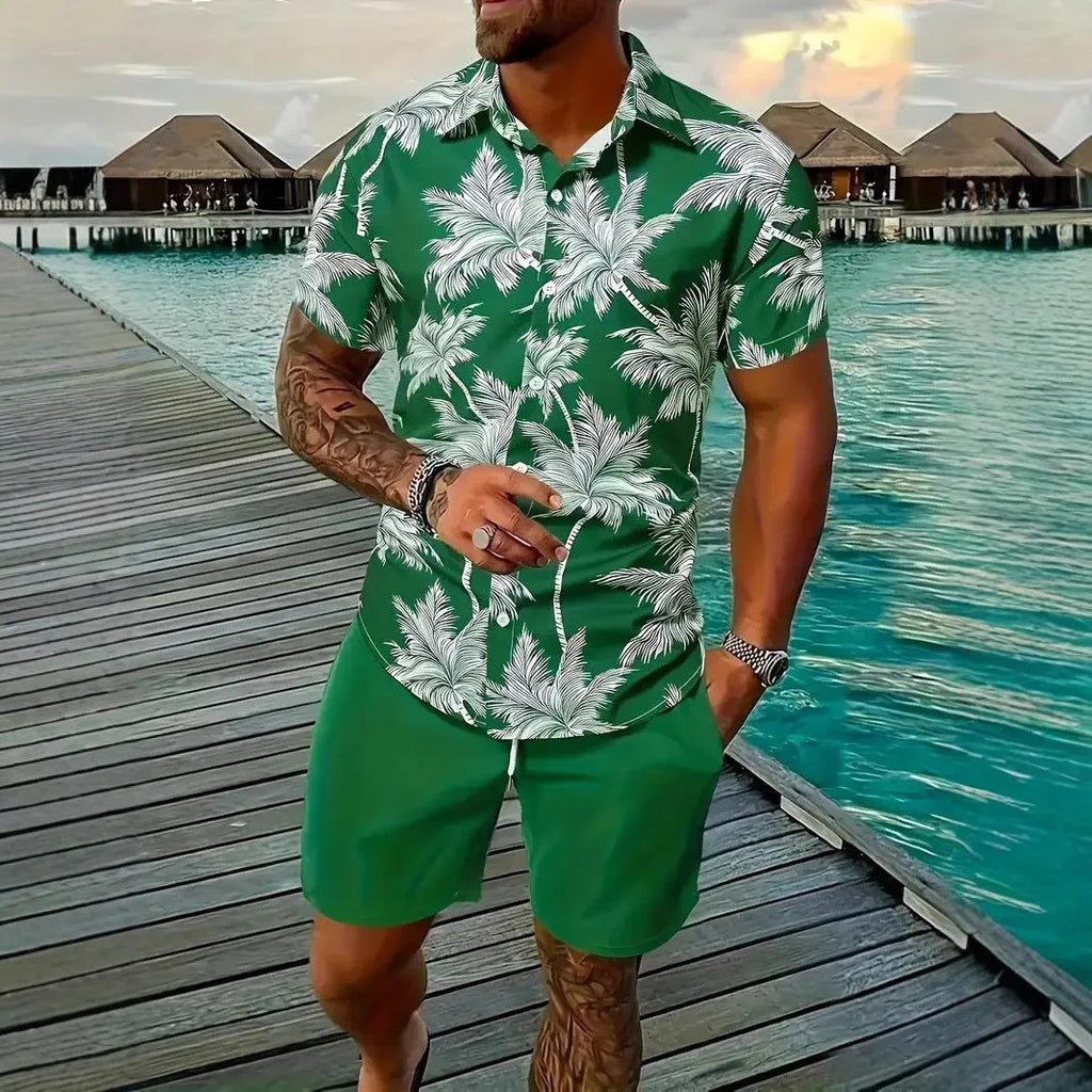 Man wearing a Hawaii-themed 3D printed short sleeve top and matching shorts leisure set.