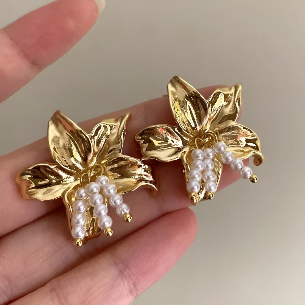 Gold H1795 plated floral earrings with Seiko treatment, hand-crafted niche style jewellery.