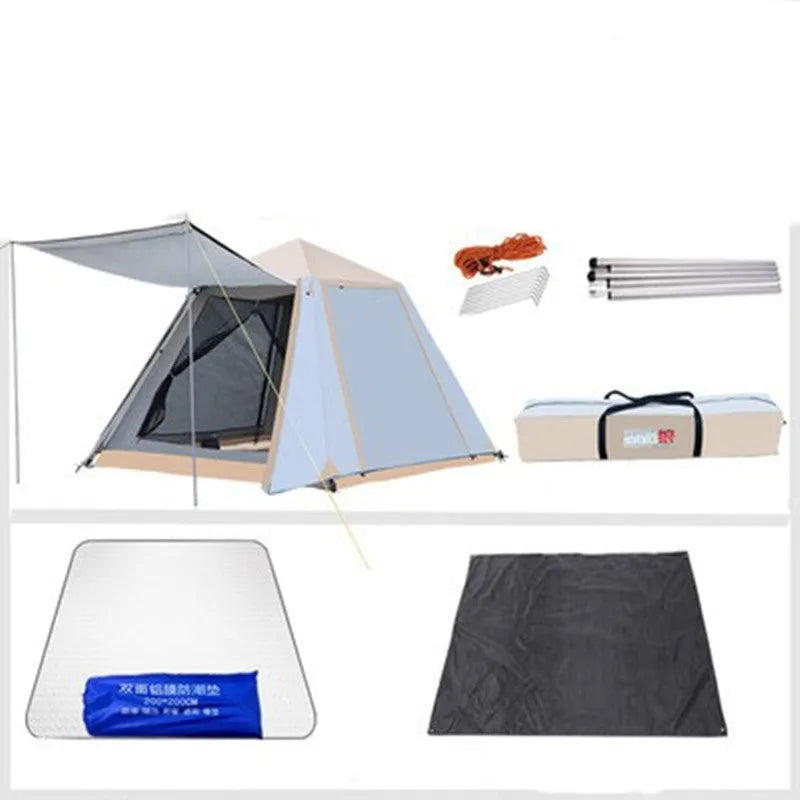 White fully automatic quick-open camping tent with double-layer aluminium poles, 220x220x168cm, 3-5 person, anti-mosquito mesh