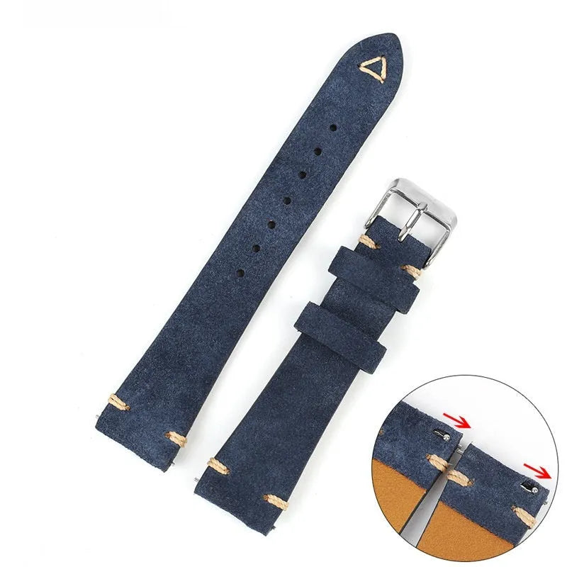 Genuine suede leather watch strap in brown showing texture and small waist design