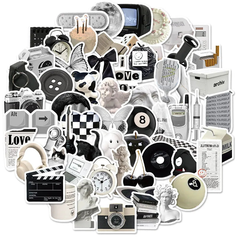 Black and white waterproof vinyl stickers pack with 61 pieces for laptop cup phone decoration