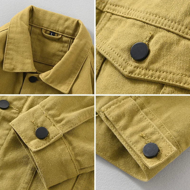 Men's Japanese style denim jacket shirt in solid apricot, black, or dark army colour, sizes M to XXXL, no hood