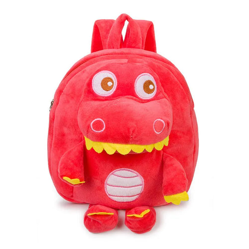 Blue dinosaur plush backpack with embroidery details and soft handle