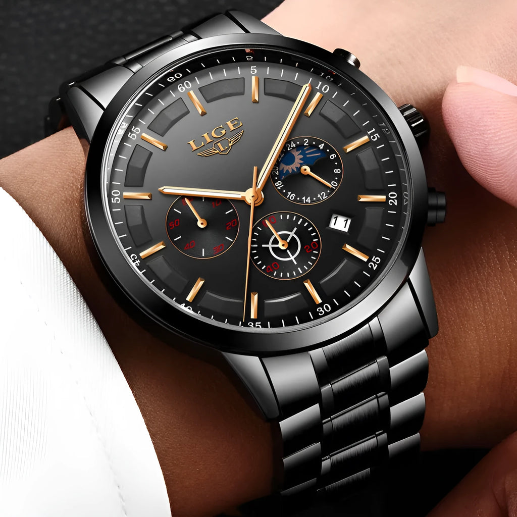 Men's quartz sports watch with a 12mm thick case in various colour combinations.