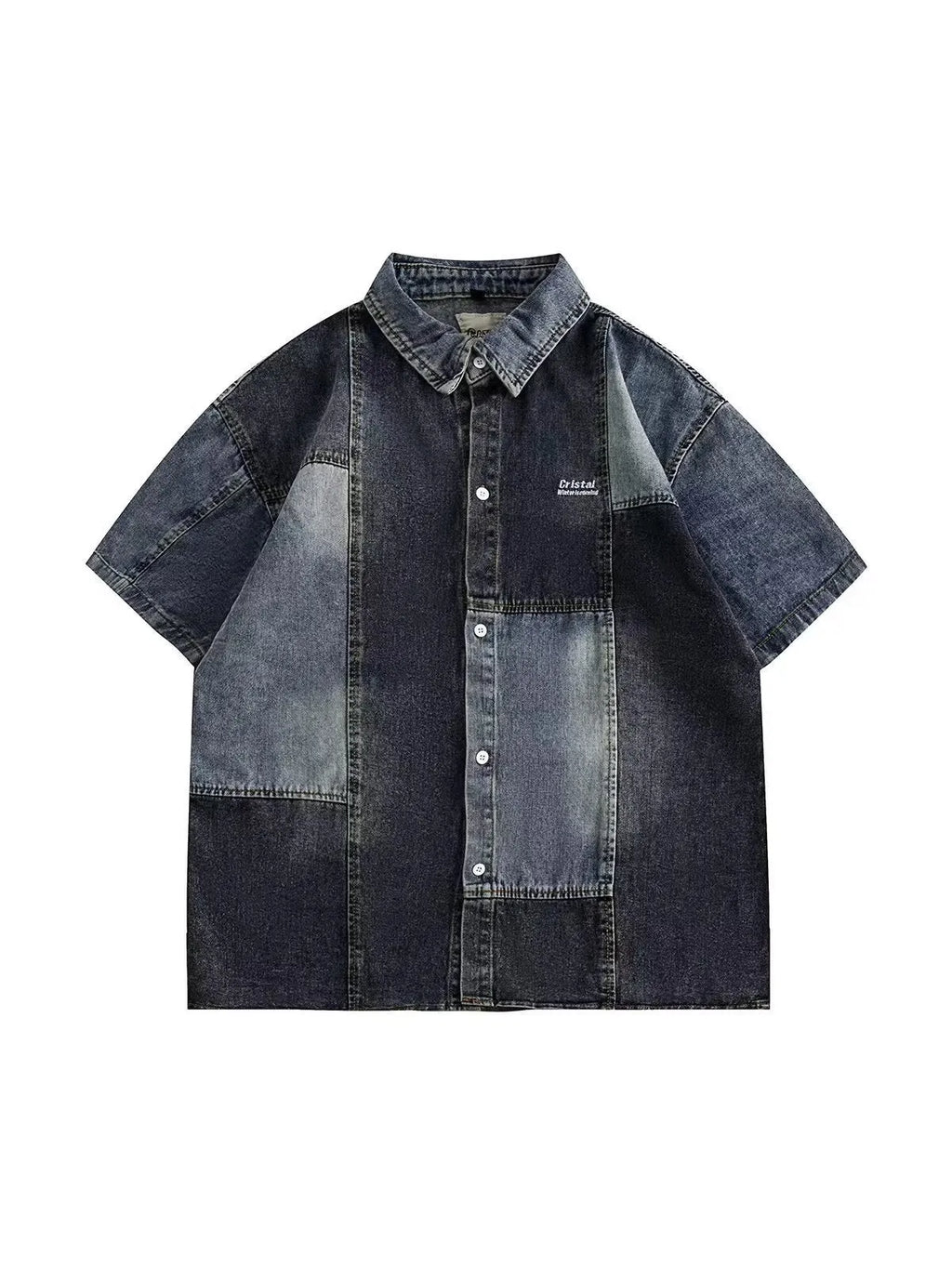 Blue Japanese-style retro washed stitching denim shirt for men with loose cardigan fit