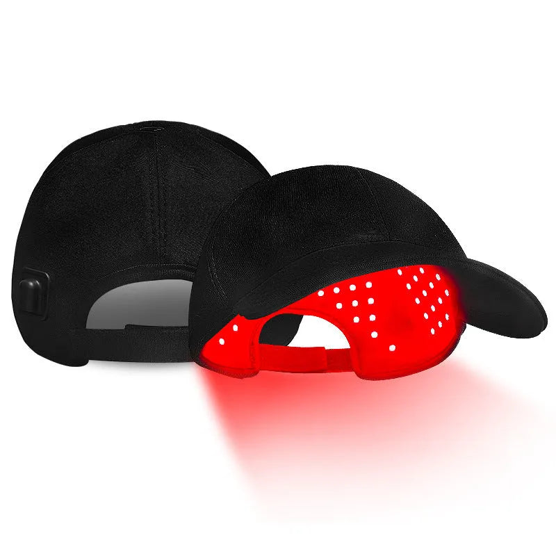 Black infrared peaked cap for hair growth with LED light strips and separate controller