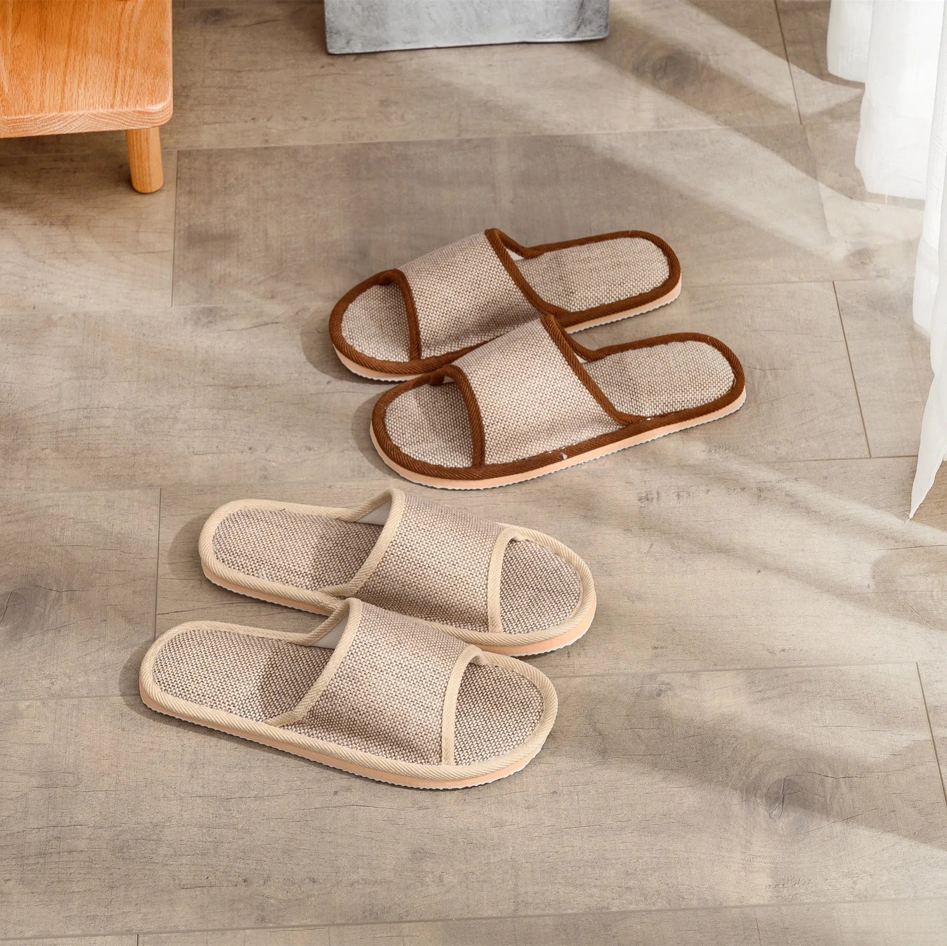 Women's linen open toe slippers in dark coffee and light brown with thickened sole
