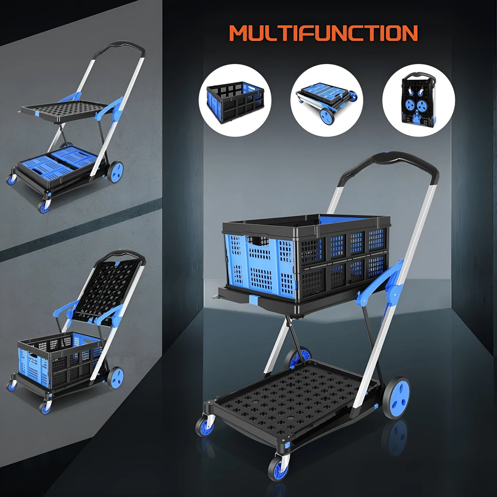 Foldable double basket shopping cart in blue, showing its two-layer design and collapsible frame.