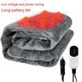 Grey 12V car electric blanket with cigarette lighter plug, shown in single and double sizes for driver and passenger warmth.