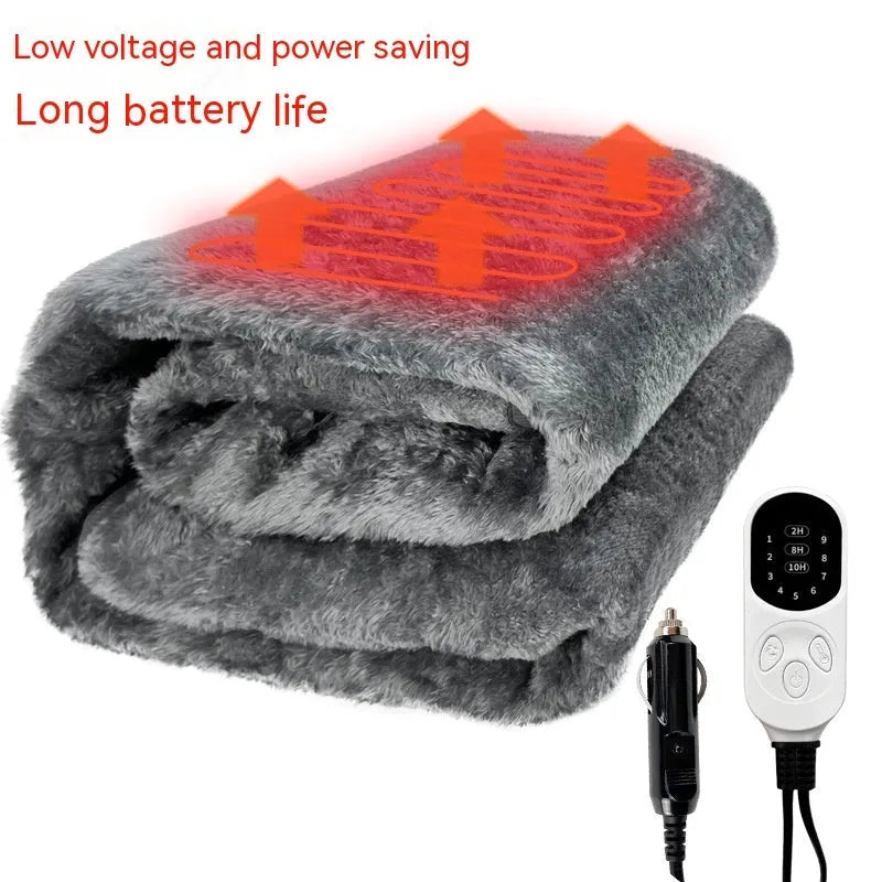 Grey 12V car electric blanket with cigarette lighter plug, shown in single and double sizes for driver and passenger warmth.