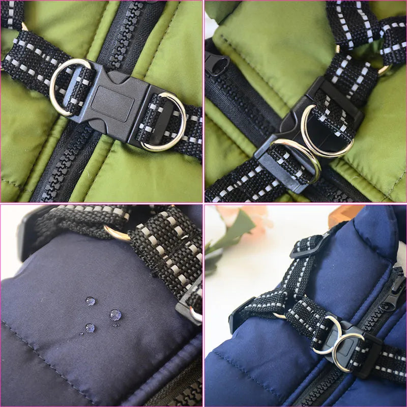 Red waterproof dog coat with integrated harness for winter outdoor use