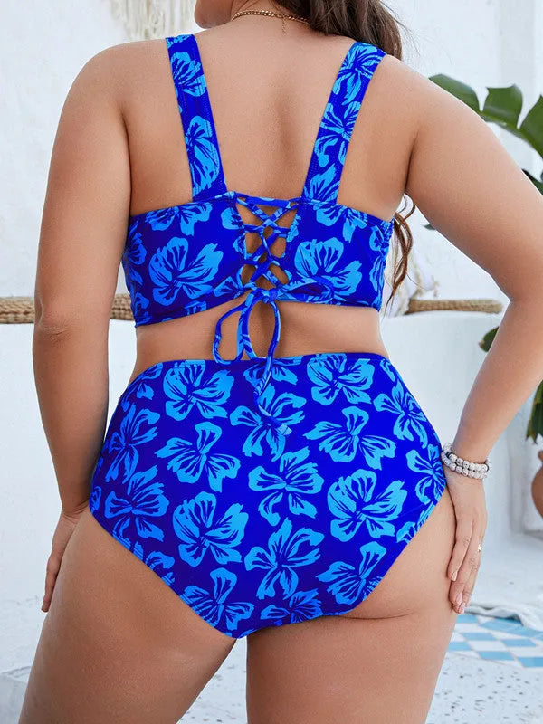 Blue floral pattern split bikini swimsuit two-piece for women, sizes 0XL to 4XL