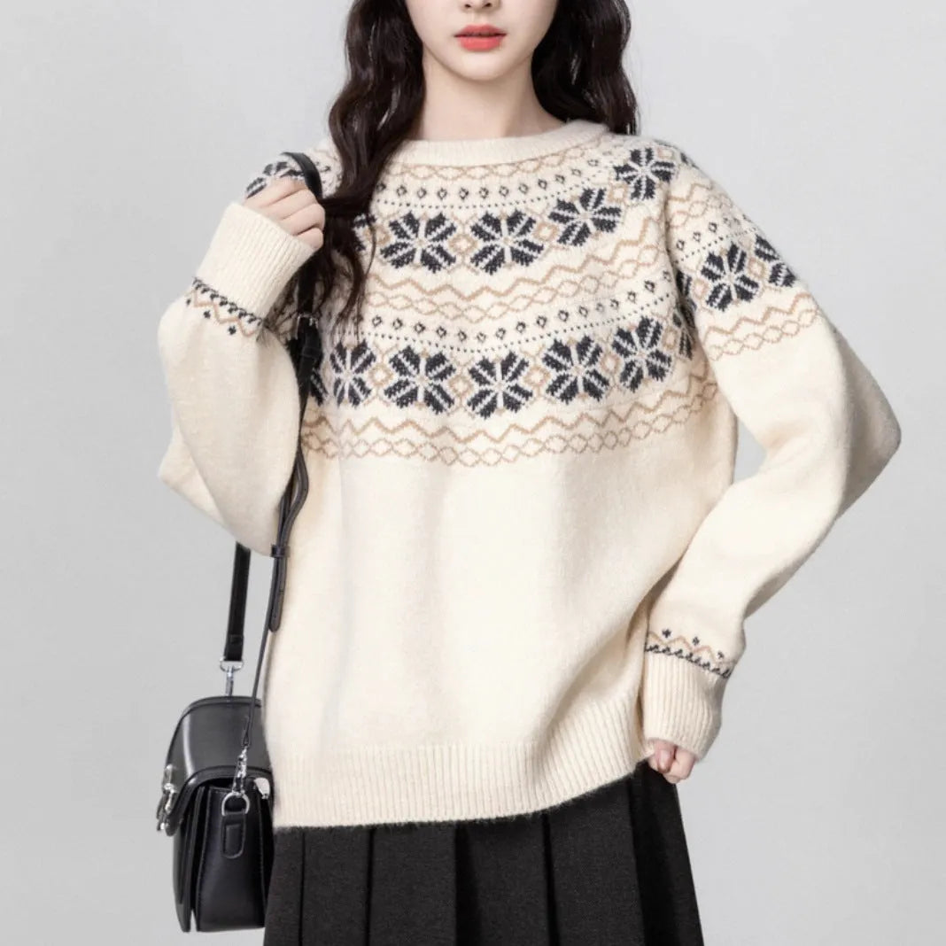 Women's milky white fair isle pullover sweater with geometric knitting pattern and crew neckline