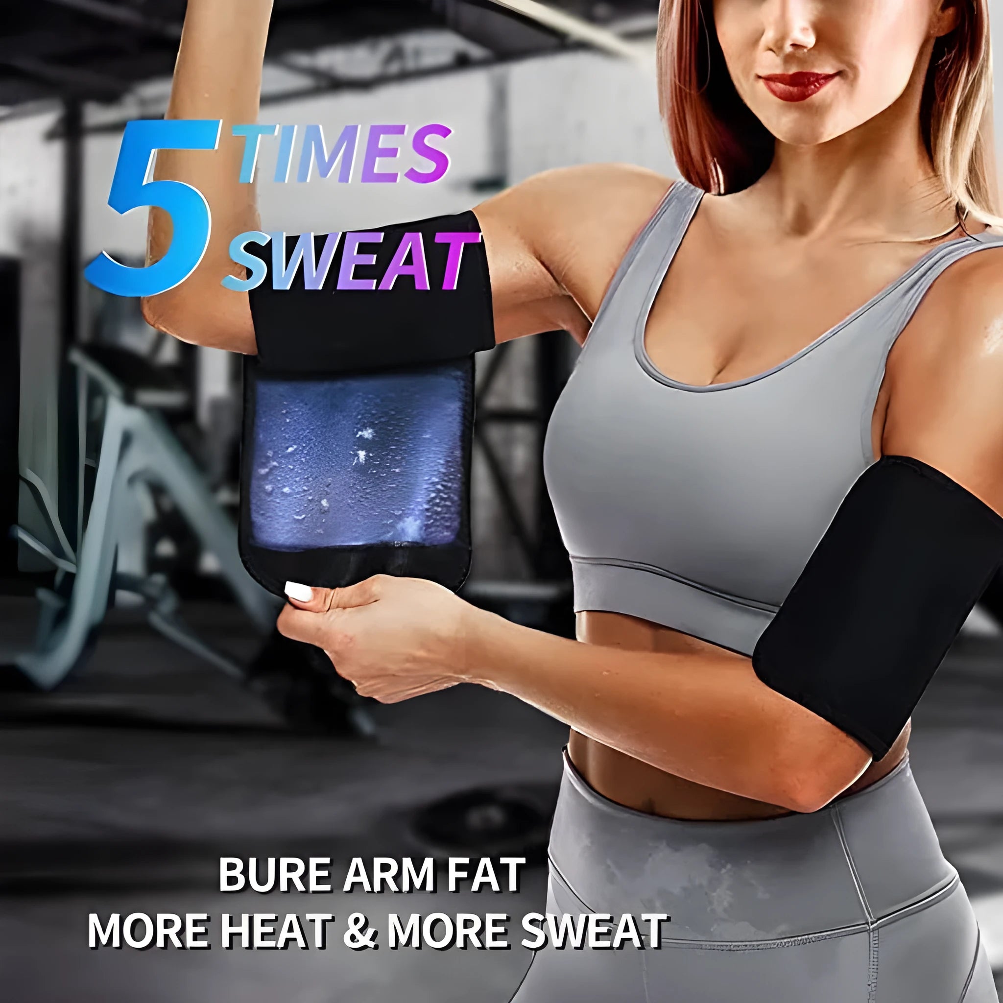 Blue and silver arm compression sweatbands shown in various sizes for sports and yoga.