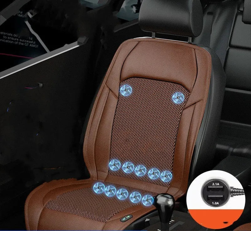 Car seat cooling cushion with ventilation grid and fan unit, shown in black colour