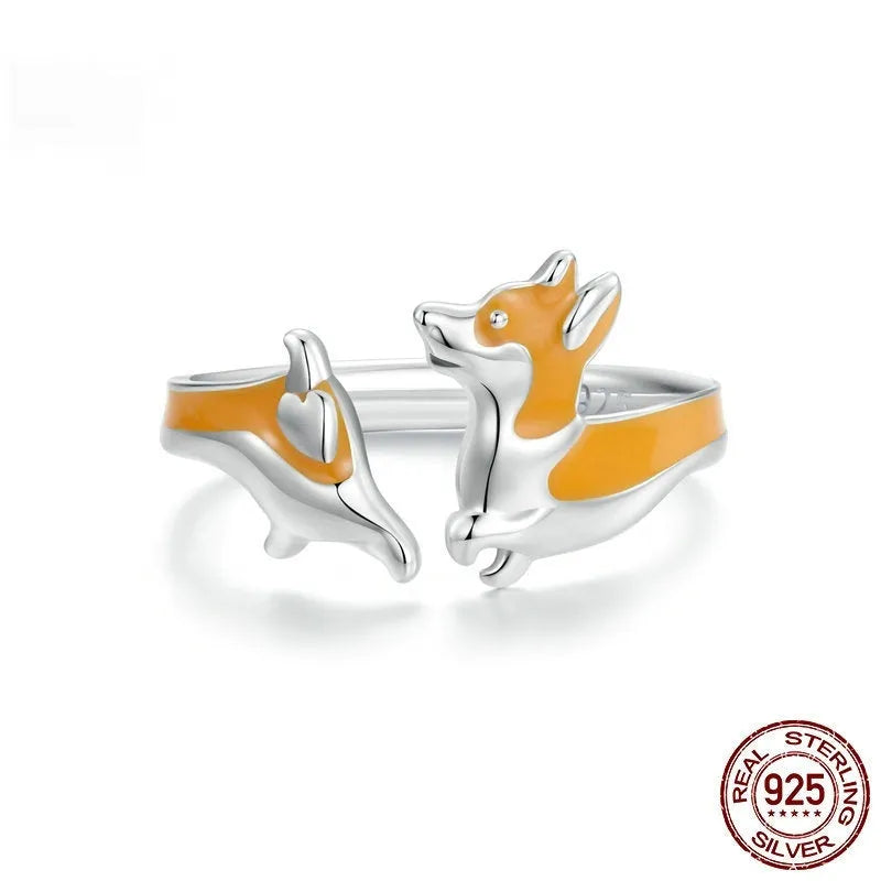 Silver electroplated corgi dog ring with cartoon design for women