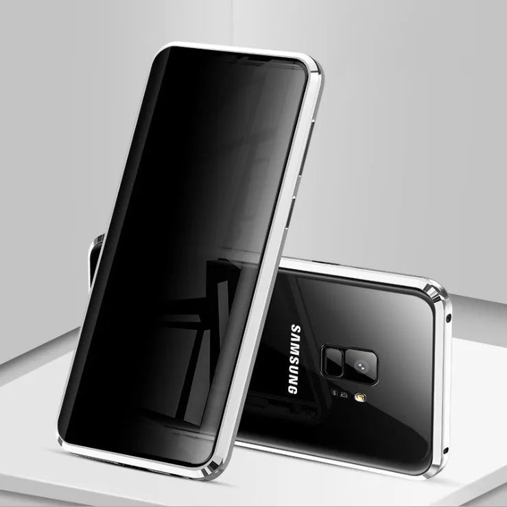 Black anti-peeping magnetic clamshell phone case for Samsung phones shown closed.